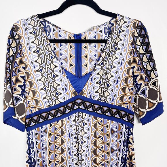 Elie Tahari Small Blue Purple Printed Silk Stretch Short Sleeve VNeck Dress Slip - Picture 3 of 11